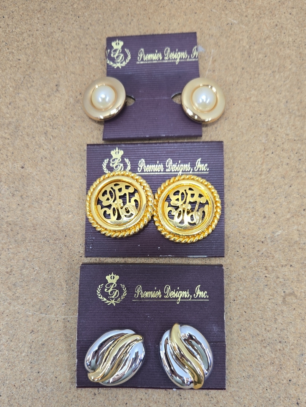 3 Pair of Premier Designs Gold-Tone  Button Earrings